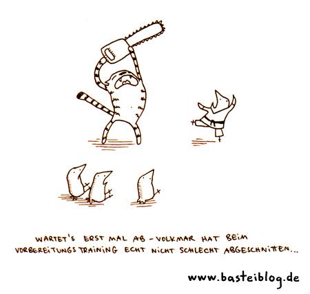 Cartoon: Training (medium) by puvo tagged katze,cat,vogel,bird,karate,kettensäge,chain,saw,training,kampf,fight