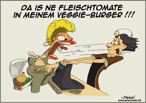 Cartoon: Vegetarier (medium) by Spanossi tagged vegetarier,veggieburger,mcdonalds,tomate,fleischtomate,burger