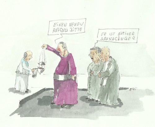 Cartoon: Der Aufguss... (medium) by Jori Niggemeyer tagged kirche,weihrauch,sauna,priester,messdiener,joricartoon