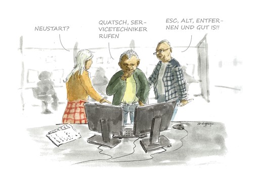 Cartoon: Die Expertenrunde (medium) by Jori Niggemeyer tagged experten,meinung,diskussion,qualifikation,call,center,problemlösung,technik,pc,arbeitsplatz,niggemeyer,joricartoon,cartoon,karikatur