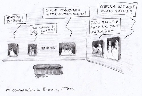 Cartoon: Im Museum... (medium) by Jori Niggemeyer tagged corona,socialdstancing,stayathome,corona,socialdstancing,stayathome,museum,bilder,kommunikation,unterhaltung,einsam,leere