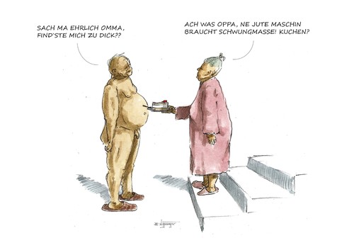 Cartoon: Ne jute Maschin braucht ... (medium) by Jori Niggemeyer tagged oma,opa,leben,aktiv,resolut,bewegt,eitel,energie,energetisch,sexualität,aktivität,niggemeyer,joricartoon,cartoon,karikatur