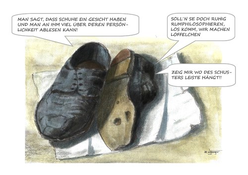 Cartoon: Schuhgesichter (medium) by Jori Niggemeyer tagged schuhe,gesicht,deutung,lackschuh,schnürschuh,mensch,träger,charakter,eigenschaft,niggemeyer,joricartoon,cartoon,karikatur