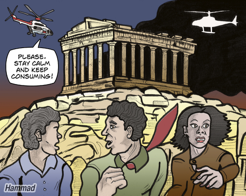 Cartoon: Stay calm (medium) by javierhammad tagged greece,crisis,economy,euro,riots,griechenland,finanzkrise,euro