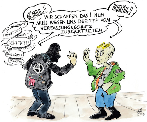Cartoon: Rücktritt (medium) by thomasH tagged linke,rechte,nazis,chaoten,rücktrittsforderung,verfassungsschutz,präsident,maaßen,öffentlichkeit
