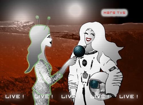 Cartoon: Die erste Frau auf dem Mars (medium) by gisela tagged frau,mars,marsmensch,rot,interview,tv,fernsehen,grün