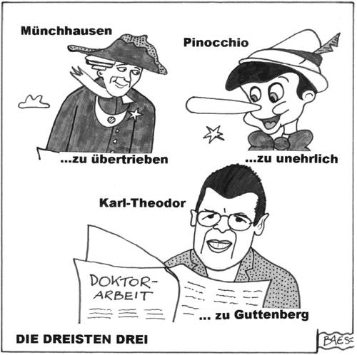 Cartoon: Die dreisten Drei (medium) by BAES tagged guttenberg,doktorarbeit,pinocchio,münchhausen,die,dreisten,drei,politik,lügen,guttenberg,doktor,titel,plagiat
