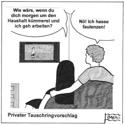 Cartoon: Privater Tauschringvorschlag (medium) by BAES tagged tauschring,pärchen,paar,mann,frau,ehepaar,haushalt,fernsehen,fußball,beziehung,liebe