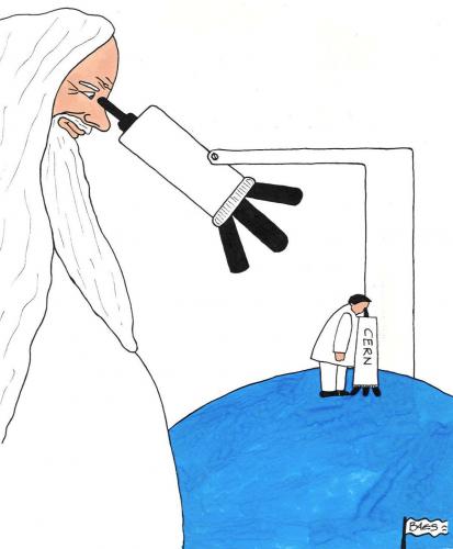 Cartoon: Unter dem Mikroskop (medium) by BAES tagged forscher,forschung,physik,cern,urknall,gott,mikroskop,god,wissenschaft,wissenschafter,phyisicists,big,bang,particle,accelerator,teilchenbeschleuniger