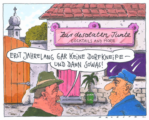 Cartoon: dorfkneipe (medium) by Andreas Prüstel tagged dorf,dorfkneipe,zeitgeist,moderne