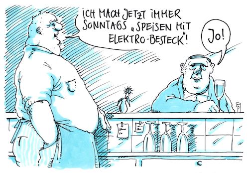 Cartoon: e-essen (medium) by Andreas Prüstel tagged gastronomoe,speisen,besteck,elektro,gastronomoe,speisen,besteck,elektro