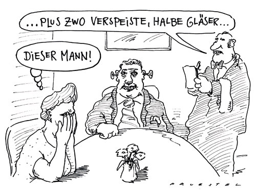 Cartoon: erhöhte zeche (medium) by Andreas Prüstel tagged restaurant,paar,zeche,gläser,restaurant,zeche,gläser,paar,gastronomie,trinken,rechnung,beziehung,liebe