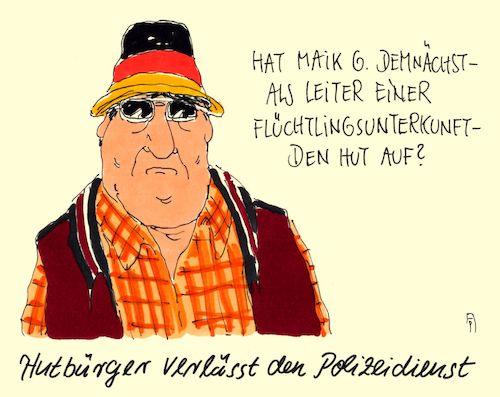 Cartoon: hutbürger (medium) by Andreas Prüstel tagged sachsen,dresden,hutbürger,lka,polizei,versetzung,flüchtlingsheim,staatsdiener,cartoon,karikatur,andreas,pruestel,sachsen,dresden,hutbürger,lka,polizei,versetzung,flüchtlingsheim,staatsdiener,cartoon,karikatur,andreas,pruestel