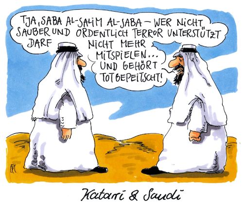 Cartoon: katari und saudi (medium) by Andreas Prüstel tagged katar,saudiarabien,boykott,arabische,staaten,terror,terrorbekämpfung,cartoon,karikatur,andreas,pruestel,katar,saudiarabien,boykott,arabische,staaten,terror,terrorbekämpfung,cartoon,karikatur,andreas,pruestel