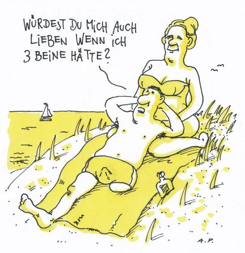 Cartoon: nachfrage (medium) by Andreas Prüstel tagged strand,urlaub,freizeit,paar,beziehung,amputation,behinderung,gliedmaßen,liebe,cartoon,andreas,prüstel