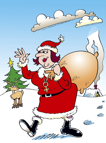 Cartoon: Weihnachten (medium) by astaltoons tagged weihnachten,weihnachtsmann,weihnachtsfrau,weiblich,sack,rentier,haus,schnee,tannenbaum,gleichberechtigung