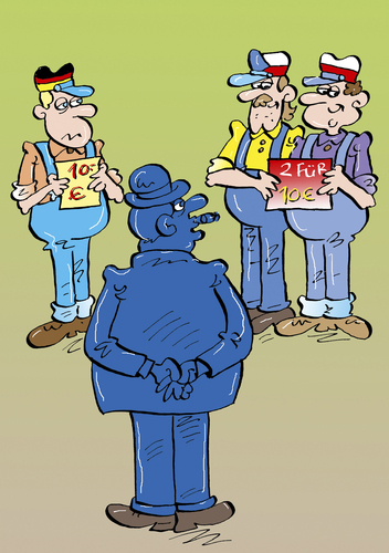 Cartoon: Wirtschaft (medium) by astaltoons tagged arbeit,facharbeiter,leiharbeiter,doppelt,zwei,für,zehn,mindestlohn,lohndumping,verdienst,lohn,gehalt,deutsch,polnisch