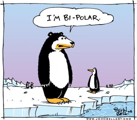 Cartoon: Bi-Polar (medium) by JohnBellArt tagged bipolar,polar,bear,penguin,arctic,antarctica,cold,confused