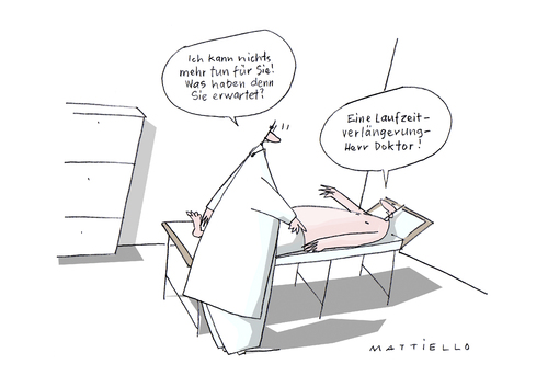 Cartoon: Laufzeit (medium) by Mattiello tagged arzt,patient,diagnose,laufzeit,akw,arzt,patient,diagnose,laufzeit,akw,atomkraftwerk,atomkraft