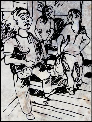 Cartoon: at the entrance (medium) by yalisanda tagged entrance,women,three,steps,gray,black,white,asia,vietnam,comics,illustration