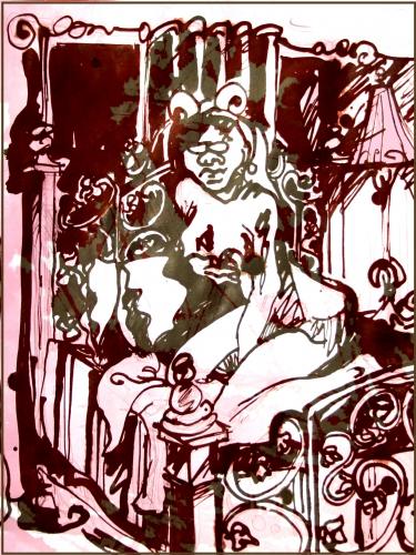 Cartoon: rabbit (medium) by yalisanda tagged rabbit,room,pink,woman,man,light,shadow,ink,black,bedroom