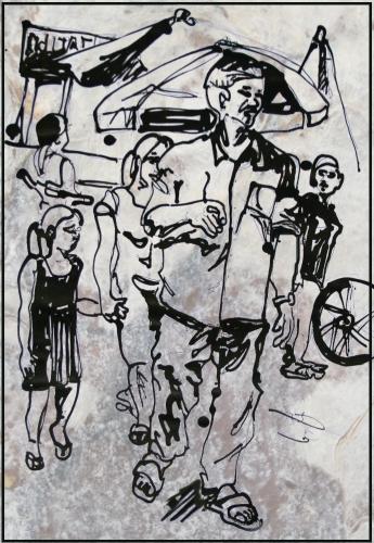 Cartoon: the walk (medium) by yalisanda tagged walk,market,man,girl,asia,vietnam,gray,quiet,street,sigaret,paperstructure