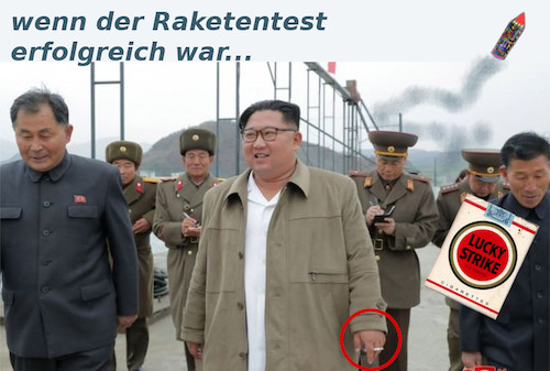 Cartoon: abschussgenuss (medium) by ab tagged kim,jong,bum,nordkorea,raketen,test,atom,zigarette,rauch,militär