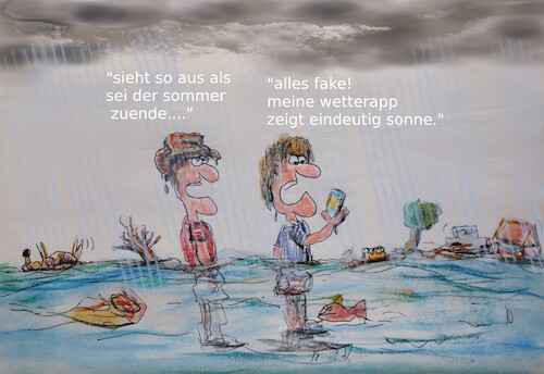 Cartoon: andere realität (medium) by ab tagged wetter,regen,unwetter,hochwasser,klimakatastrophe,mensch,smartphone,app