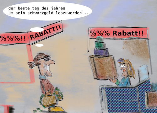 Cartoon: black friday (medium) by ab tagged friday,freitag,black,schwarz,shoppen,rabatt,geld,umsatz,tag,prozente,billig,ware,kaufen,geldwäsche,kriminell