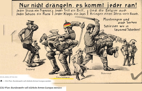 Cartoon: endlich wieder (medium) by ab tagged deutschland,europa,bundeswehr,heer,armee,kraft,soldaten,csu,wehrkraft,reich,kaiser,weltkriege,waffen,staaten,dummheit