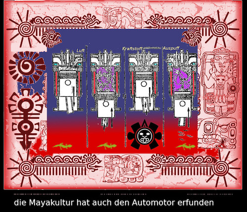 Cartoon: entdeckung (medium) by ab tagged maya,hochkultur,wissen,technik,motor,auto