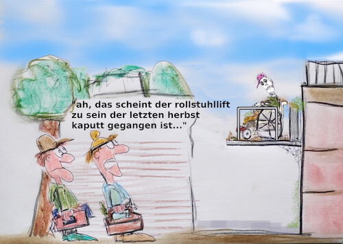 Cartoon: frühjahrs check (medium) by ab tagged rollstuhl,lift,behinderung,stadt,elektronik,natur,handwerker,arbeit,tod