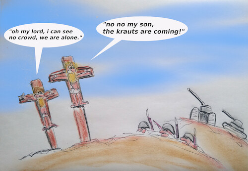 Cartoon: golgatha confusion (medium) by ab tagged jesus,cross,crowd,krauts