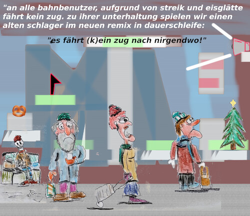Cartoon: hauptbahnhof münchen (medium) by ab tagged bayern,schnee,winter,eis,glätte,chaos,bahnhof,leute,zug,streik,wetter,zeit