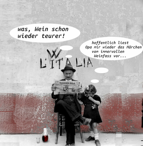 Cartoon: kinderträume (medium) by ab tagged italien,trinken,wein,opa,kind,zeitung,lesen,märchen