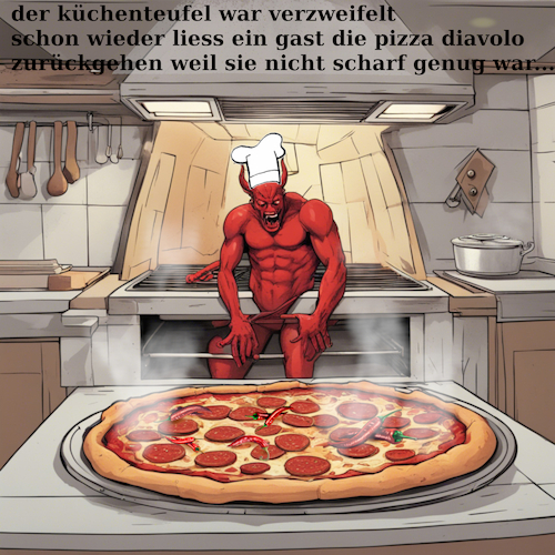 Cartoon: pizza (medium) by ab tagged essen,pizza,pizzaria,küche,diavolo,teufel,scharf,peperoni