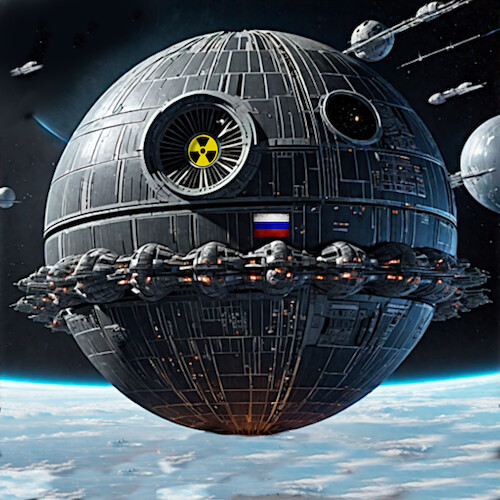 Cartoon: russian death star (medium) by ab tagged russia,russland,space,weltraum,erde,earth,atombombe,satellit,orbit,putin,europa,krieg,war