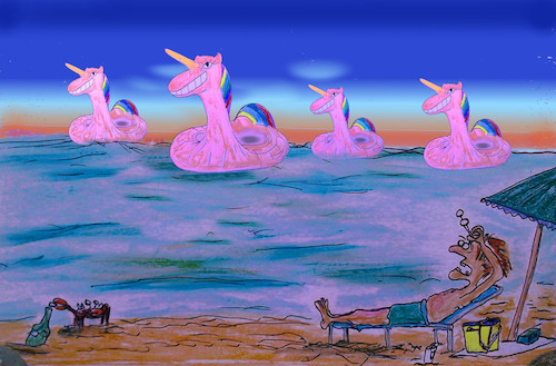 Cartoon: seamonsters (medium) by ab tagged plastic,swimming,unicorn,holidays,beach