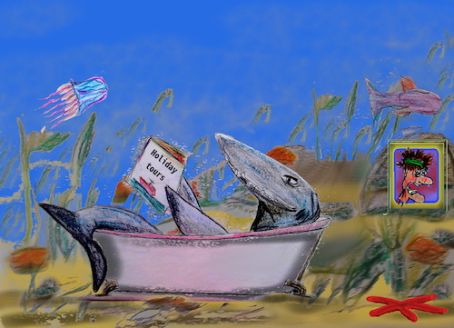 Cartoon: urlaubsplanung (medium) by ab tagged hai,fisch,fressen,urlaub,schiff,reise,meer,ozean,touristen,passagiere