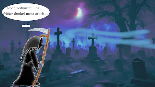 Cartoon: zeitlos (medium) by ab tagged herbst,winterzeit,uhr,jahreszeit,tod,nebel,friedhof,sterben,leben