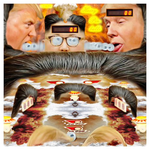 Cartoon: Hairy Pinballs (medium) by Night Owl tagged atomkonflikt,atombombe,atomwaffen,sprengkopf,raketen,nuklearwaffen,wettrüsten,donald,trump,usa,kim,jong,un,nordkorea,flipper,flipperautomat,pinball,machine,haare,haarig