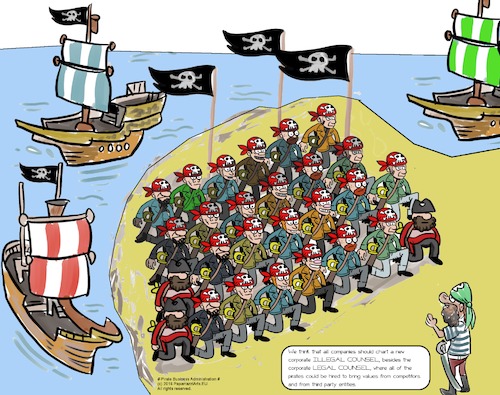 Cartoon: Pirate Business Administration (medium) by paparazziarts tagged piracy,business,administration,organizational,structure,organization,chart,intellectual,property,theft,legal,counsel,law,department