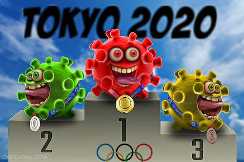 Cartoon: Tokyo Olypics 2020 (medium) by Bart van Leeuwen tagged olympic,games,tokyo,2020,japan,covid,19,pandemic,delta,alpha,beta
