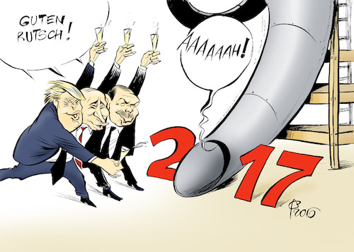 Cartoon: Guten Rutsch! (medium) by Paolo Calleri tagged welt,silvester,neujahr,jahre,2016,2017,jahreswechsel,politik,zukunft,populismus,populisten,hoffnung,trump,russland,putin,tuerkei,erdogan,rutsch,kriege,konflikte,wirtschaft,arbeit,glueck,karikatur,cartoon,paolo,calleri,welt,silvester,neujahr,jahre,2016,2017,jahreswechsel,politik,zukunft,populismus,populisten,hoffnung,trump,russland,putin,tuerkei,erdogan,rutsch,kriege,konflikte,wirtschaft,arbeit,glueck,karikatur,cartoon,paolo,calleri