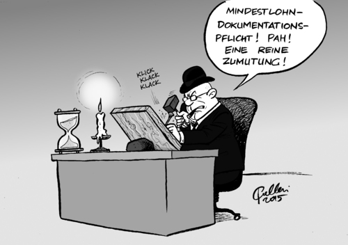 Cartoon: Mindestlohndokumentationspflicht (medium) by Paolo Calleri tagged deutschland,mindestlohn,dokumentationspflicht,arbeitszeit,arbeitsstunde,arbeitgeber,unternehmen,software,stechuhren,spd,cdu,csu,groko,debatte,missbrauch,karikatur,cartoon,paolo,calleri