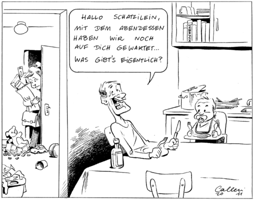 Cartoon: Nach d. Arbeit ist vor d. Arbeit (medium) by Paolo Calleri tagged arbeit,aufgabenteilung,chancengleichheit,chancen,berufstaetigkeit,beruf,haushalt,kind,frau,mann