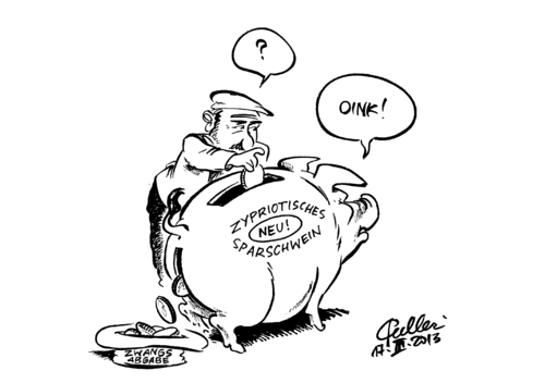 Cartoon: Neues Modell (medium) by Paolo Calleri tagged zypern,eu,euro,finanzminister,banken,schuldenkrise,abgabe,zwangsabgabe,sonderabgabe,geld,konto,sparer,sparschwein,gipfel,bruessel,hilfskredite,rettungspaket,karikatur,paolo,calleri