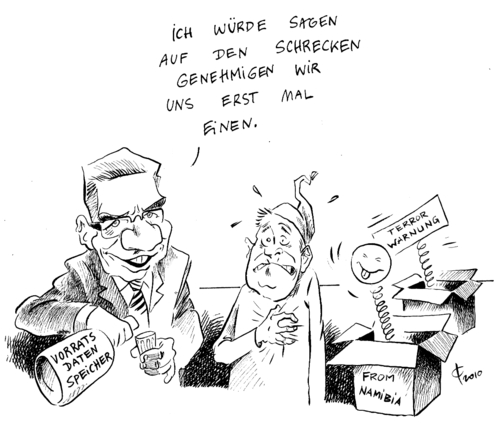 Cartoon: Schnapsidee (medium) by Paolo Calleri tagged windhuk,bombenattrappe,namibia,terrorwarnung,terror,maiziere,de,länder,bund,innenminister