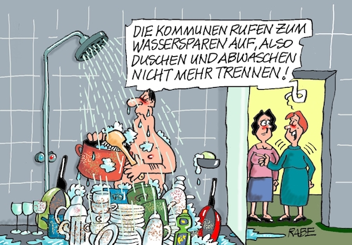 Cartoon: Abwaschduschen (medium) by RABE tagged merz,kanzler,koalition,union,spd,klingbeil,cartoon,karikatur,pressezeichnung,farbcartoon,tagescartoon,db,bahn,frühling,frühjahr,frühjahrsputz,ice,zug,blumenkasten,blumenkästen,esc,songcontest,wasser,wasserknappheit,trinkwasser,wassersparen,dusche,abwasch,geschirr,klima,klimawandel,dürre,hitze,trockenheit,merz,kanzler,koalition,union,spd,klingbeil,cartoon,karikatur,pressezeichnung,farbcartoon,tagescartoon,db,bahn,frühling,frühjahr,frühjahrsputz,ice,zug,blumenkasten,blumenkästen,esc,songcontest,wasser,wasserknappheit,trinkwasser,wassersparen,dusche,abwasch,geschirr,klima,klimawandel,dürre,hitze,trockenheit