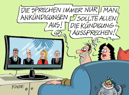 Cartoon: Alle kündigen (medium) by RABE tagged merz,kanzler,koalition,union,spd,klingbeil,cartoon,karikatur,pressezeichnung,farbcartoon,tagescartoon,db,bahn,frühling,frühjahr,frühjahrsputz,ice,zug,blumenkasten,blumenkästen,söder,bärbel,bas,ankündigungen,kündigung,ankündigungsminister,reformen,spritpreise,entlastungen,mineralölsteuer,senkung,tv,news,katze,merz,kanzler,koalition,union,spd,klingbeil,cartoon,karikatur,pressezeichnung,farbcartoon,tagescartoon,db,bahn,frühling,frühjahr,frühjahrsputz,ice,zug,blumenkasten,blumenkästen,söder,bärbel,bas,ankündigungen,kündigung,ankündigungsminister,reformen,spritpreise,entlastungen,mineralölsteuer,senkung,tv,news,katze